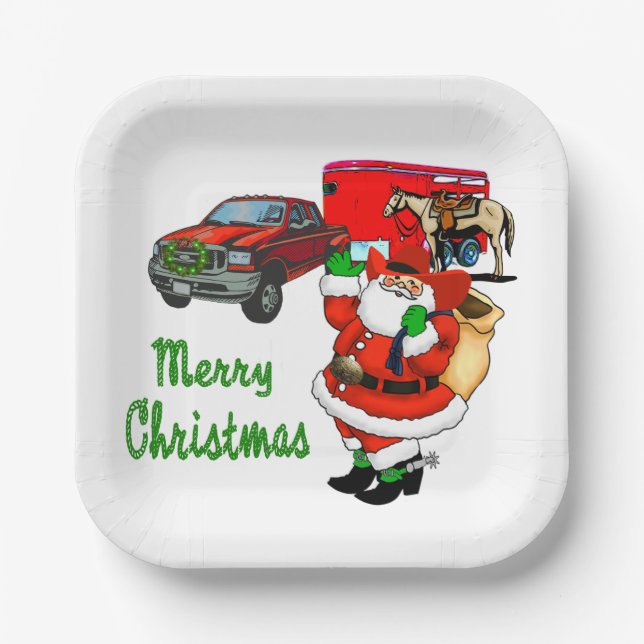 Western Rodeo Cowboy Truck Trailer Santa Christmas Paper Plate (Front)