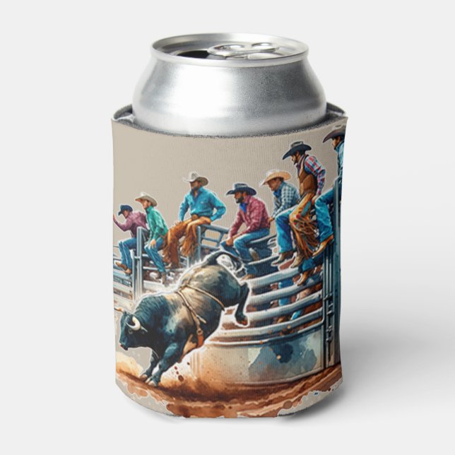 Western Rodeo Cowboys Bull Riding and Chutes Can Cooler (Can Front)