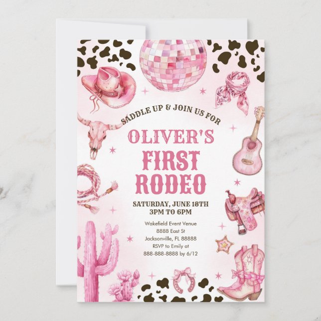 Western Rodeo Cowgirl First Rodeo 1st Birthday Invitation (Front)