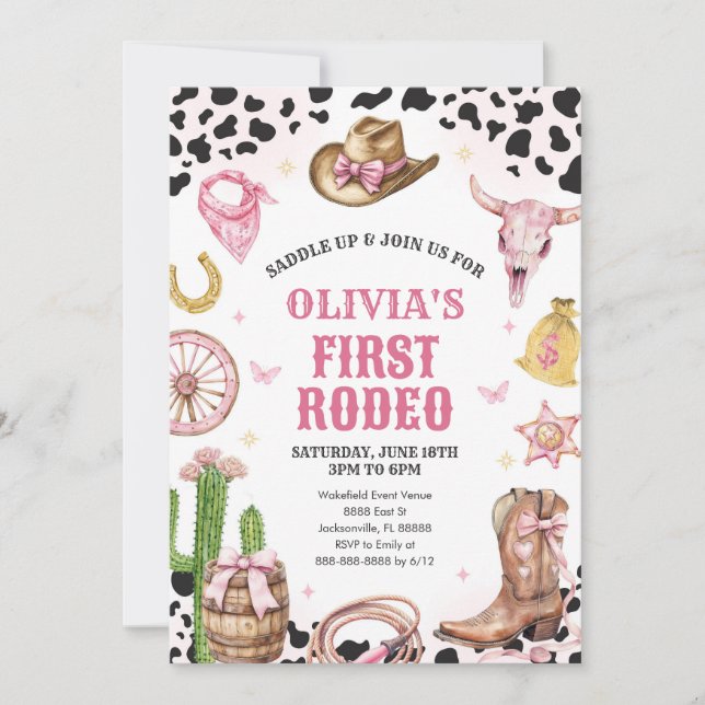 Western Rodeo Cowgirl First Rodeo 1st Birthday Invitation (Front)