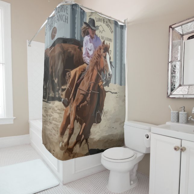 Western Rodeo Cowgirl Horse Shower Curtain (In Situ)