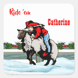 Western Rodeo Cowgirl Kid Mutton Buster Christmas Square Sticker