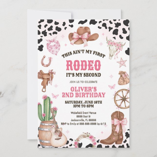 Western Rodeo Cowgirl Second Rodeo 2nd Birthday Invitation (Front)