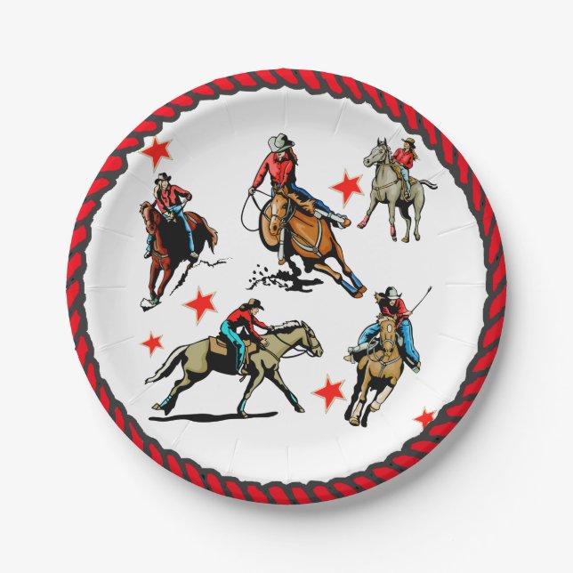 Western Rodeo Cowgirls On Horses Paper Plate (Front)