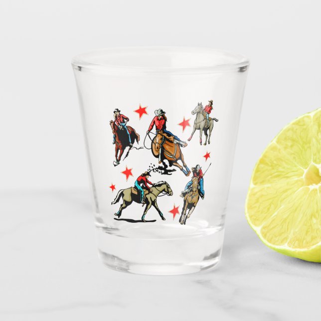 Western Rodeo  Cowgirls On  Horses Shot Glass (Front)