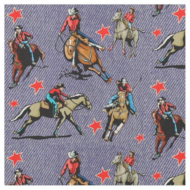Western Rodeo Cowgirls Riding Horses Design Fabric (Close Up)