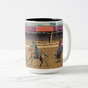  Western Rodeo Events Cowboys Roping Horses Bulls  Two-Tone Coffee Mug