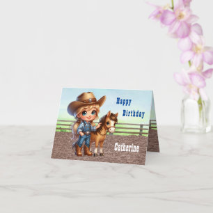 Western Rodeo Little Cowgirl With Horse Birthday Card