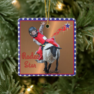 Western Rodeo Star Mutton Busting Kid Ceramic Ornament
