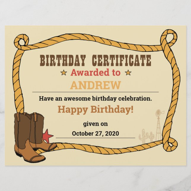 Western Rodeo Themed Party 1st Rodeo Certificate (Front)