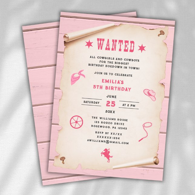 Western Rodeo Wanted Pink Girl Birthday Invitation (Creator Uploaded)