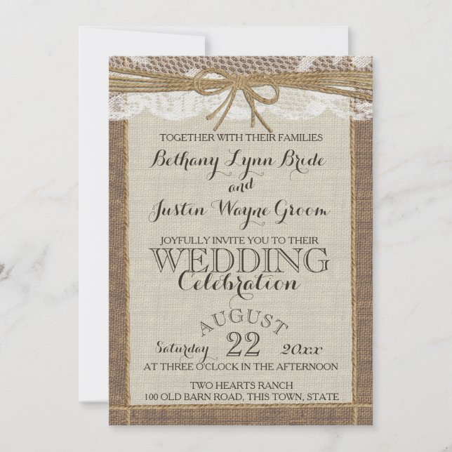 Western Romance Burlap and Lace Invitation (Front)