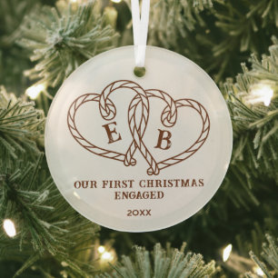Western Rope Hearts Monogram 1st Christmas Engaged Glass Tree Decoration