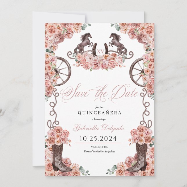 Western Rose Gold Charro Save The Date Quinceañera Invitation (Front)