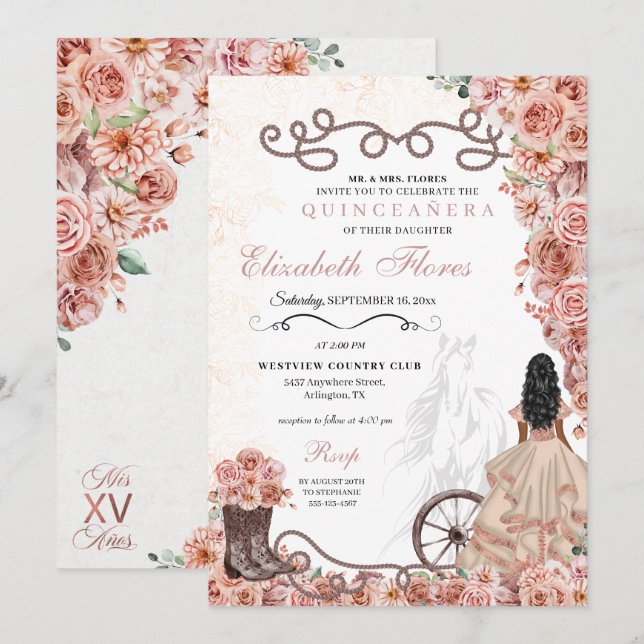 Western Rose Gold Princess Charra Quinceañera Invitation (Front/Back)