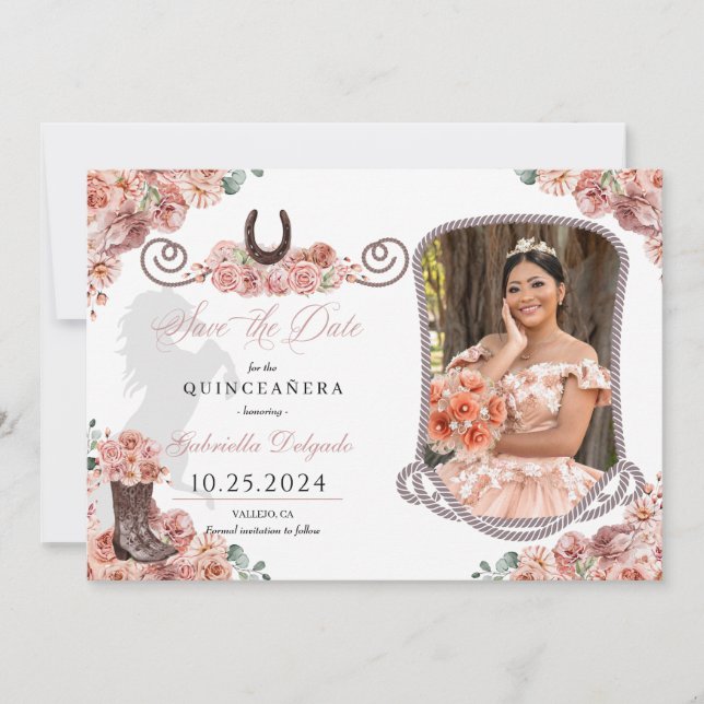 Western Rose Gold Quinceañera Save The Date Photo Invitation (Front)
