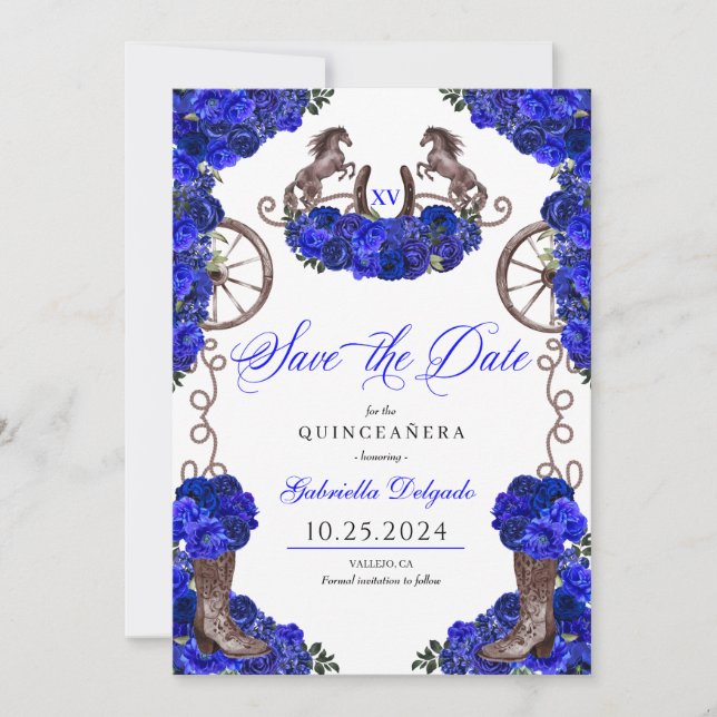 Western Royal Blue Save The Date Quinceañera Invitation (Front)