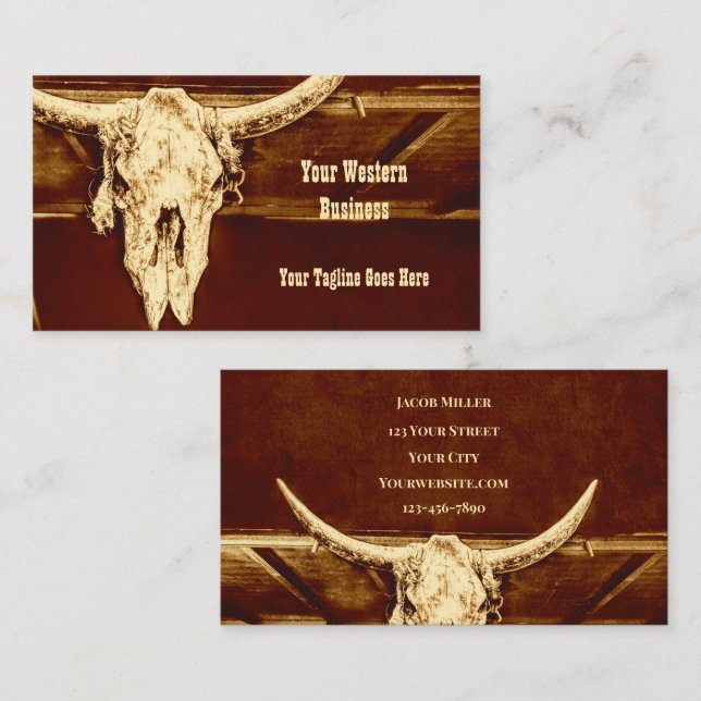 Western Rust Brown Rustic Bull Cow Skull Barn Business Card (Front/Back)