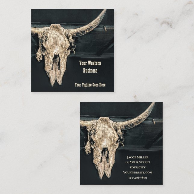 Western Rustic Beige Grey Country Bull Skull Square Business Card (Front/Back)