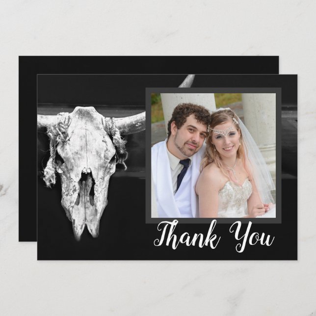 Western Rustic Black And White Bull Skull Photo Thank You Card (Front/Back)