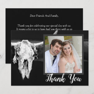 Western Rustic Black And White Bull Skull Photo Thank You Card