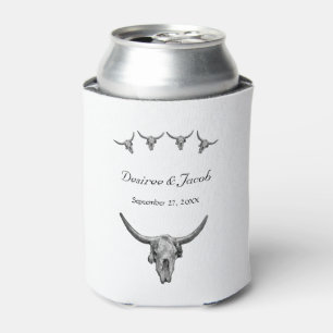 Western Rustic Black And White Wedding Bull Skull Can Cooler