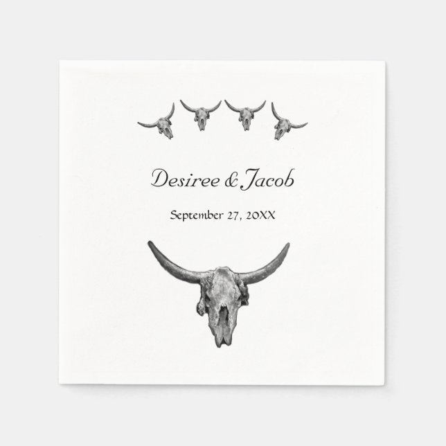 Western Rustic Black And White Wedding Bull Skull Napkin (Front)