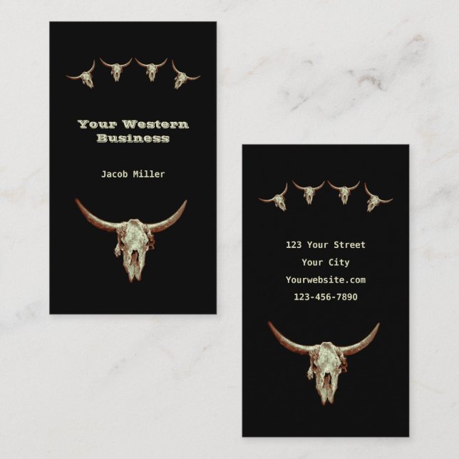 Western Rustic Black Country Cowboy Bull Skull Business Card (Front/Back)
