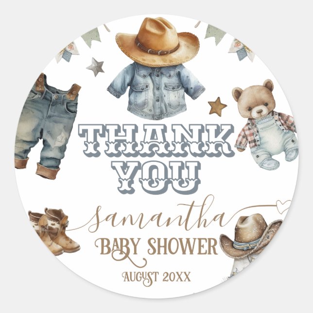 Western Rustic Boho Little Cowboy Baby Shower Classic Round Sticker (Front)