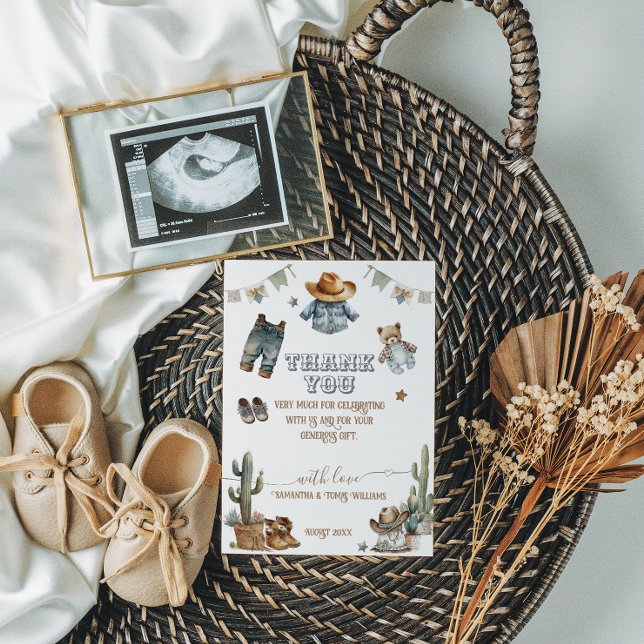 Western Rustic Boho Little Cowboy Baby Shower Thank You Card (Creator Uploaded)