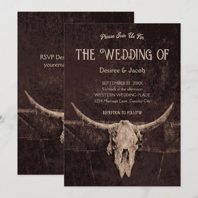 Western Rustic Brown Country Rodeo Bull Skull Invitation (Front/Back)