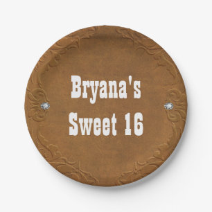 Western Rustic Brown Leather Look & Diamonds Party Paper Plate