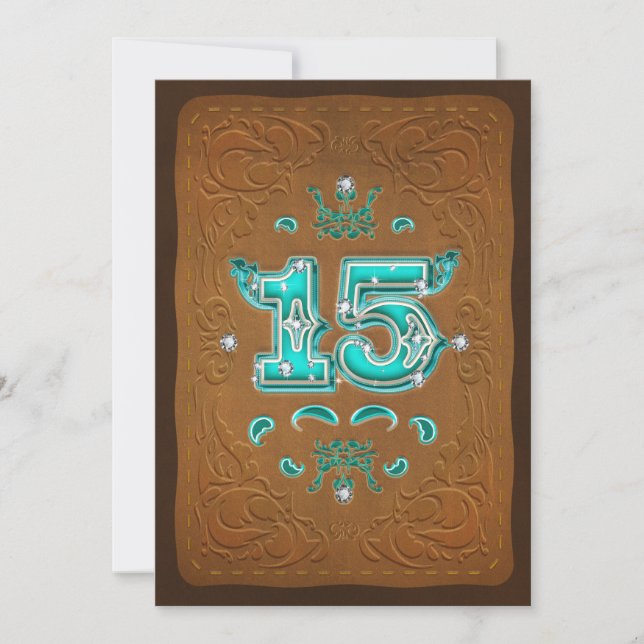 Western Rustic Brown & Turquoise FIFTEEN 15 Party Invitation (Front)