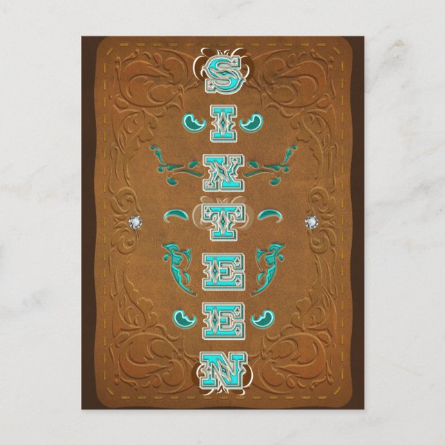 Western Rustic Brown & Turquoise SIXTEEN 16 Party Announcement Postcard (Front)
