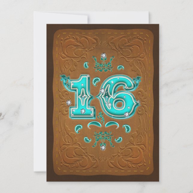 Western Rustic Brown & Turquoise SIXTEEN 16 Party Invitation (Front)