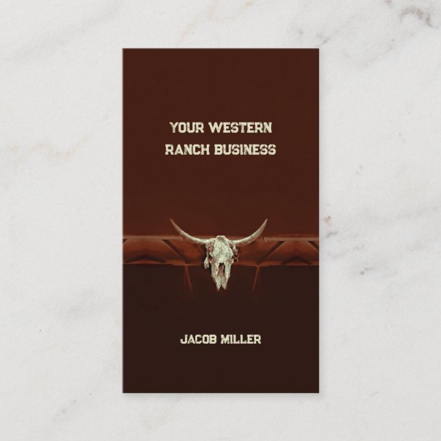 Western Rustic Bull Skull Brown Country Rodeo Business Card (Front)