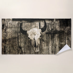 Western Rustic Bull Skull Wood Barn Sepia Vintage Beach Towel