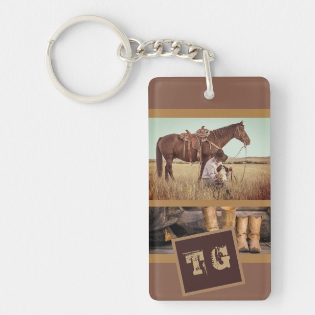 Western Rustic Cowboy Boots Add His Initials Key Ring (Front)