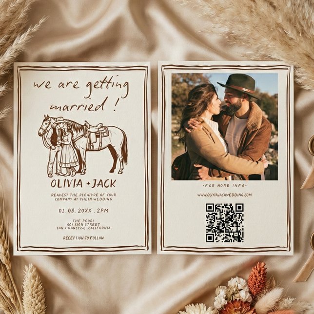 Western Rustic Hand Drawn Photo QR Code Wedding Invitation (Creator Uploaded)