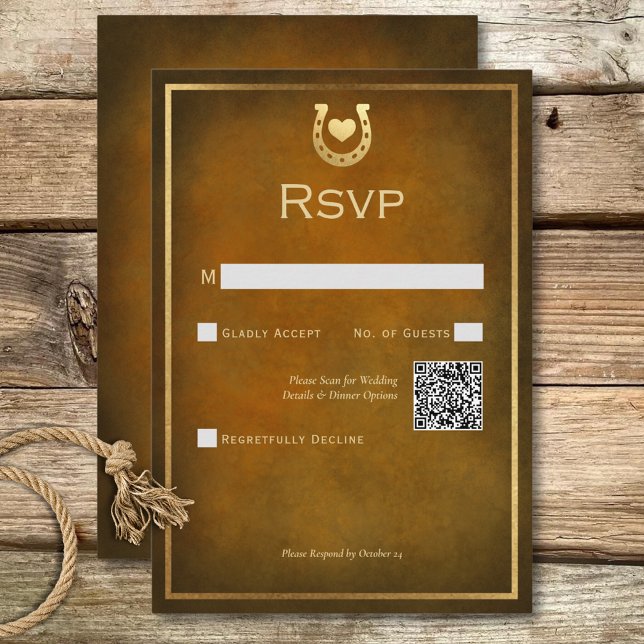 Western Rustic Horseshoe Brown & Gold QR Code RSVP Card (Western Rustic Horseshoe Brown & Gold QR Code RSVP Card)