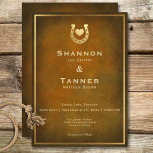 Western Rustic Horseshoe Heart Brown Gold Wedding Invitation