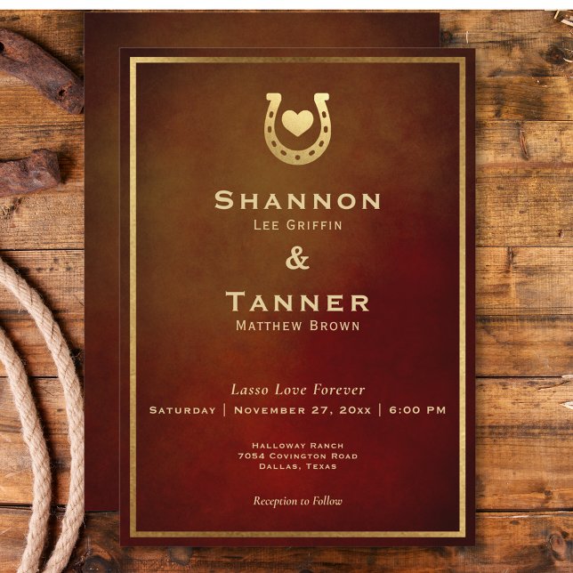 Western Rustic Horseshoe Heart Burgundy & Gold Invitation (Western Rustic Horseshoe Heart Burgundy & Gold Invitation)