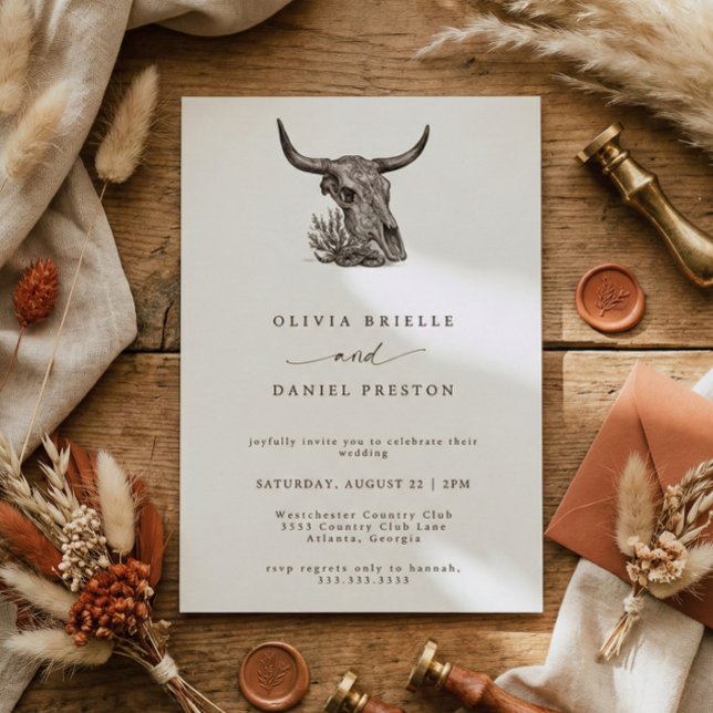 Western Rustic Pampas Grass Boho Cow skull Wedding Invitation (Creator Uploaded)