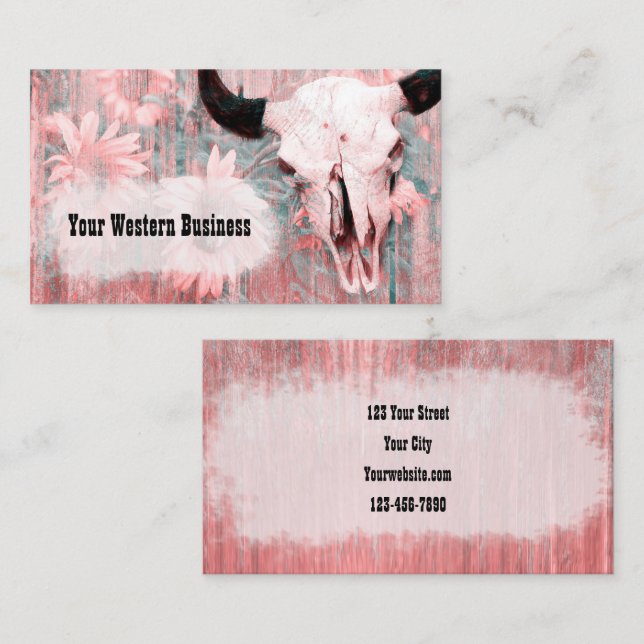 Western Rustic Pink Bull Skull Sunflowers On Wood Business Card (Front/Back)