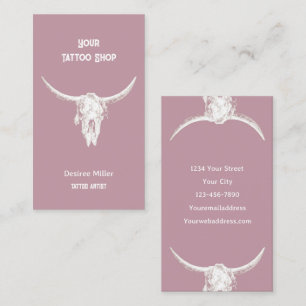 Western Rustic Pink Tattoo Shop Bull Skull Business Card