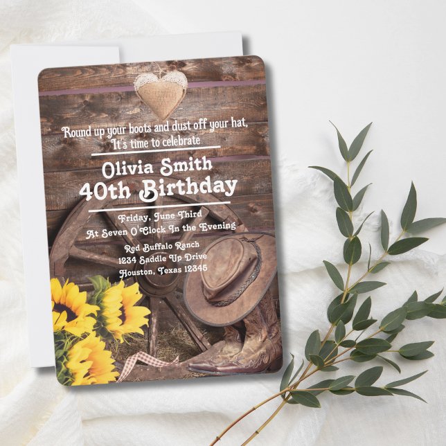 Western Rustic Sunflower Boot Hat 40th Birthday Invitation (Creator Uploaded)