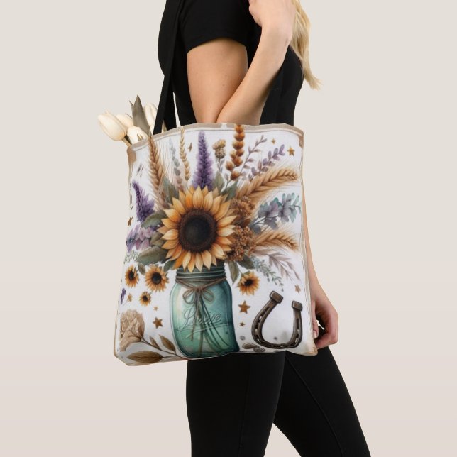 Western Rustic Sunflower Mason Jar  Tote Bag (Close Up)