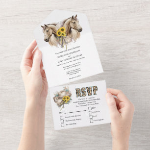 Western rustic watercolor horse sunflower barn all in one invitation
