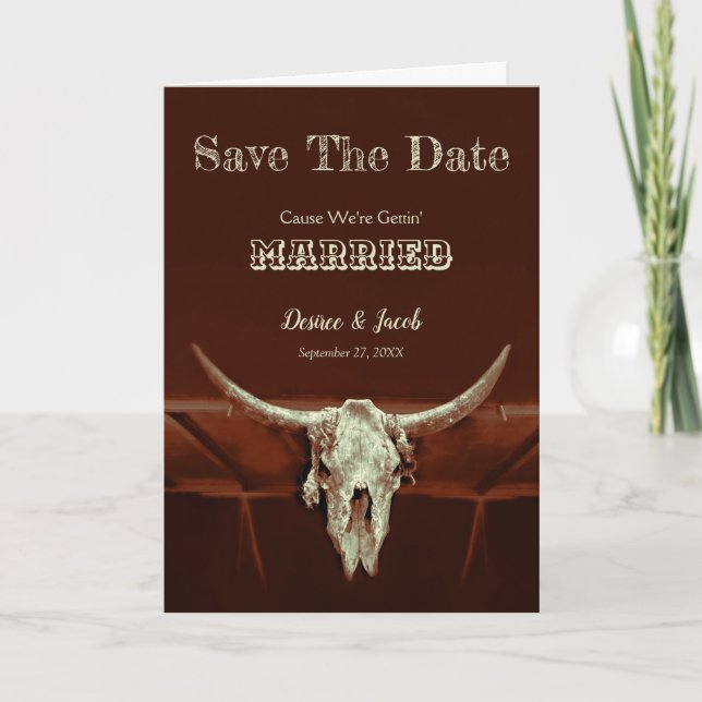 Western Rustic Wedding Bull Skull Save The Date Announcement (Front)
