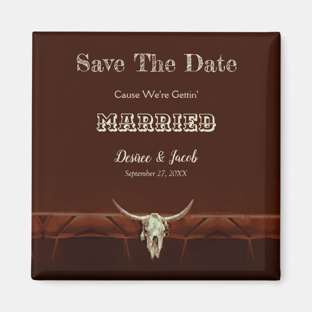 Western Rustic Wedding Bull Skull Save The Date Magnet (Front)